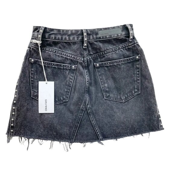 GRLFRND Eva's Studded Gusset A-Frame Black Denim Mini Skirt Sz 26 NWT - Picture 3 of 9